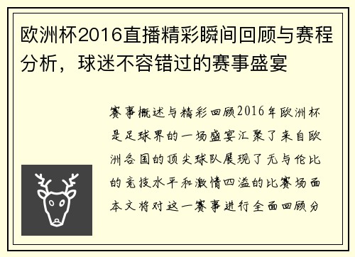 欧洲杯2016直播精彩瞬间回顾与赛程分析，球迷不容错过的赛事盛宴