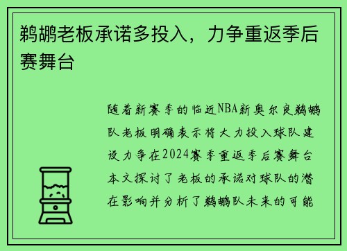鹈鹕老板承诺多投入，力争重返季后赛舞台