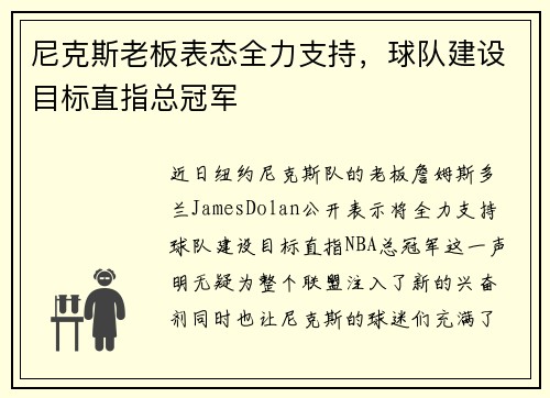 尼克斯老板表态全力支持，球队建设目标直指总冠军