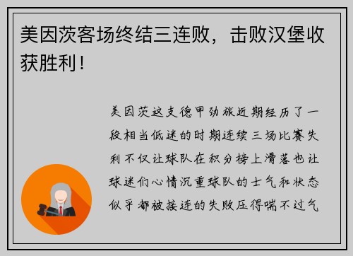 美因茨客场终结三连败，击败汉堡收获胜利！